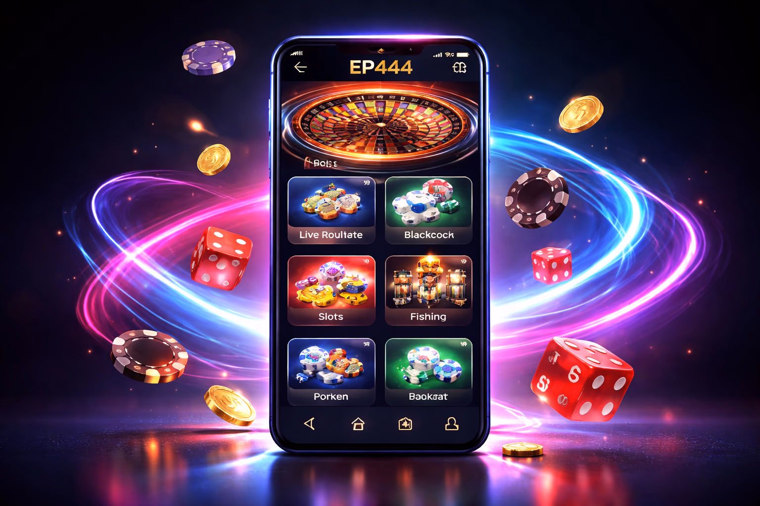 Confident Bangladeshi user browsing EP444 app menu with roulette wheel and card icons floating around