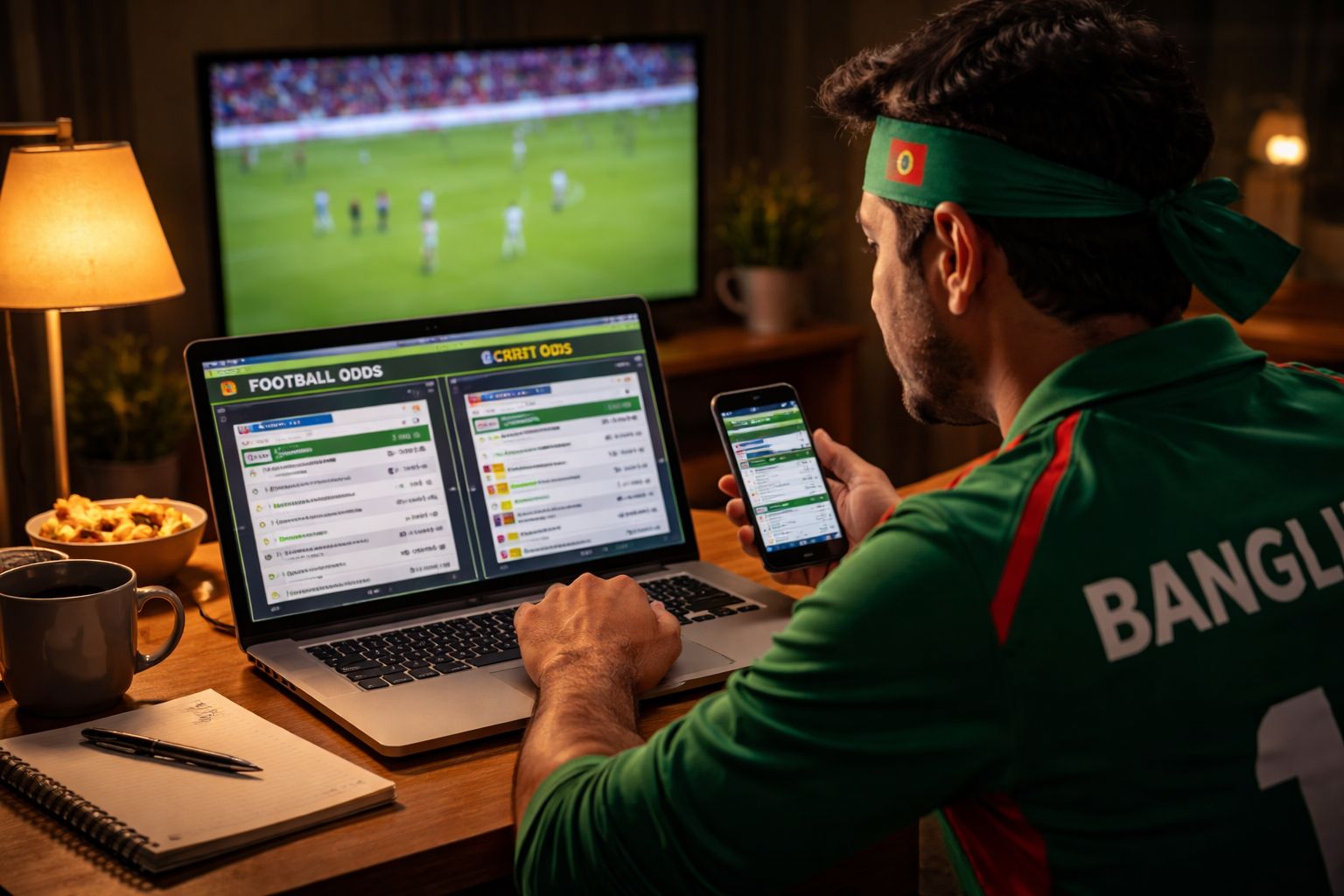 Bangladeshi bettor comparing football and cricket odds across laptop and phone screens while watching a match broadcast