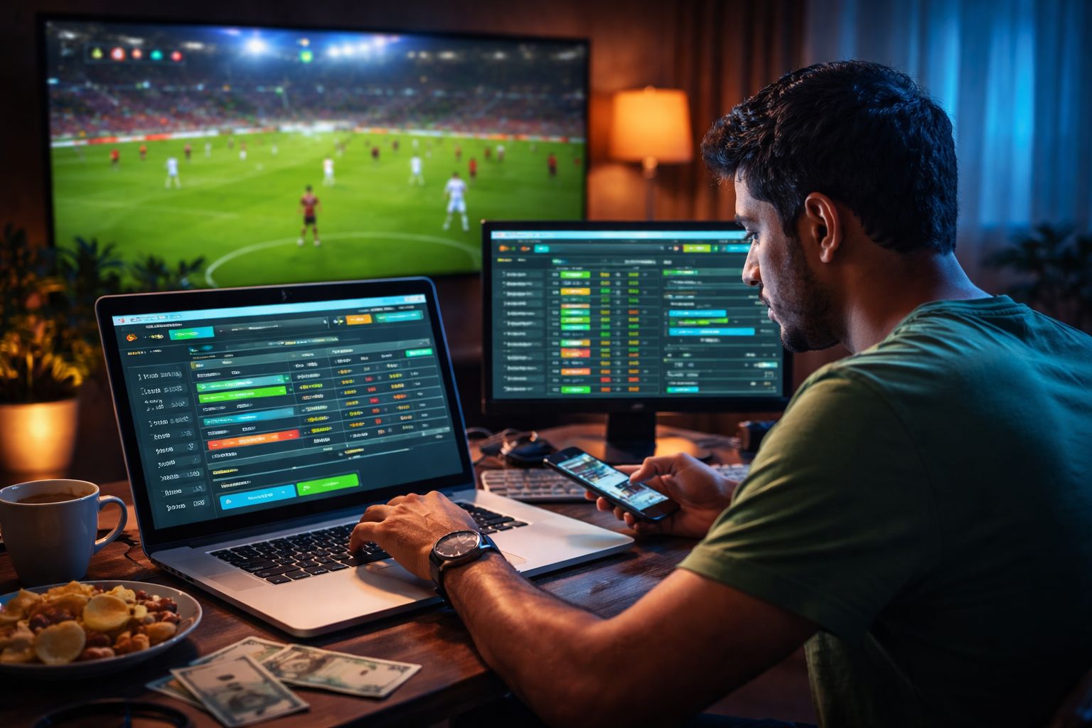 Bengali sports enthusiast placing in-play wagers on laptop with live football broadcast playing in background