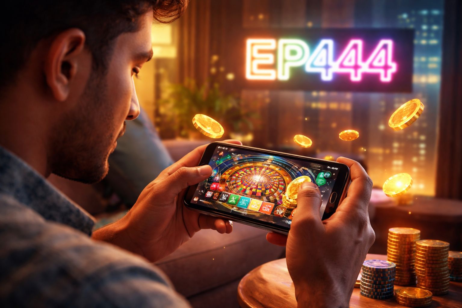 Glowing digital roulette wheel with floating BDT chips illustrating the vibrant EP444 casino atmosphere for Bangladesh players