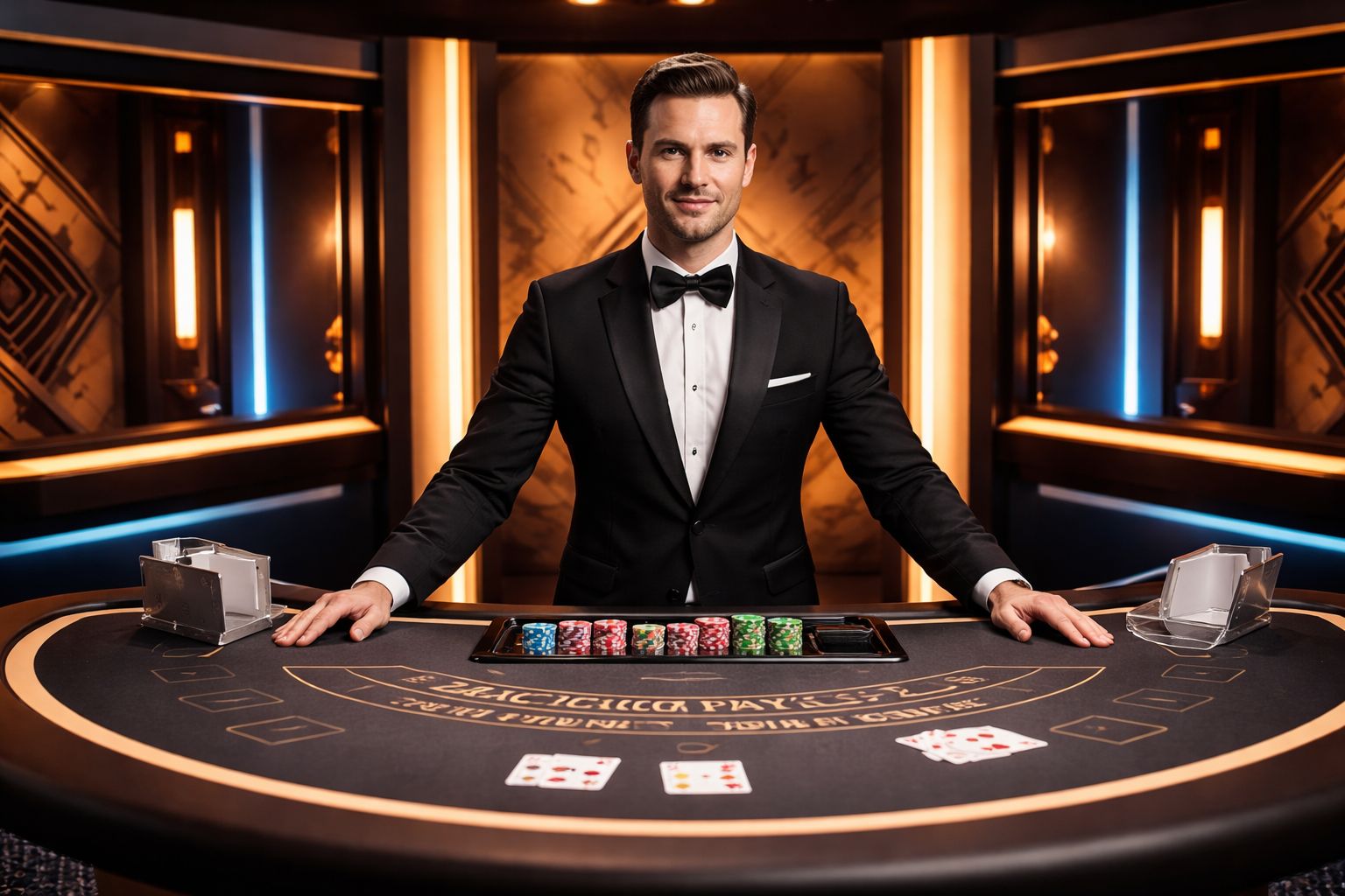 Elegant croupier in formal attire confidently spinning a roulette wheel inside a luxurious casino studio representing EP444 live gaming for Bangladesh